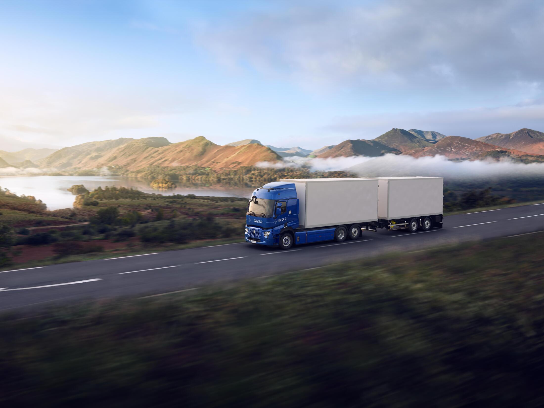 Renault Trucks E-Tech C driving on a mountain road