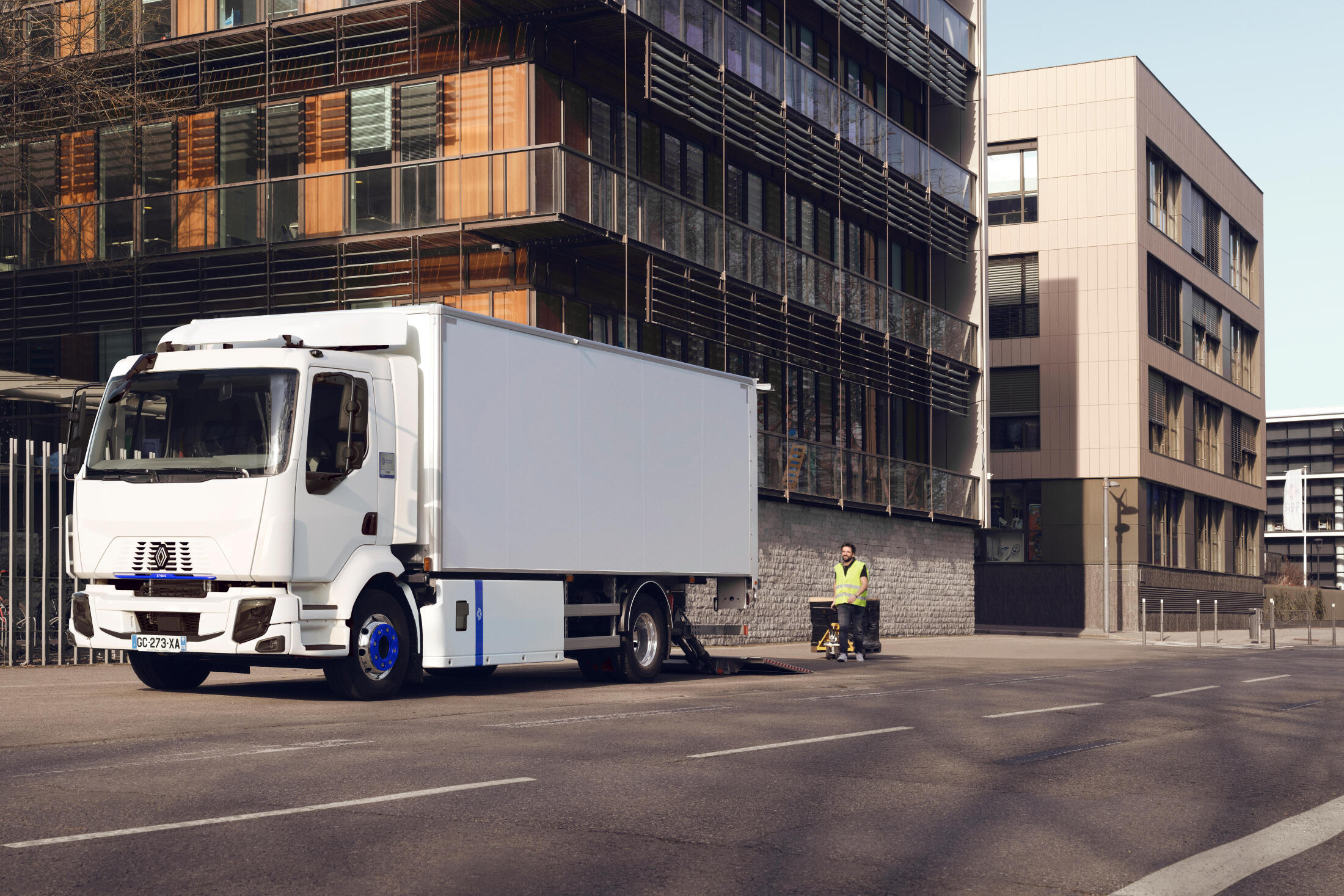 Renault Trucks D E-TECH parked in a street - new facelift with GSR equipment (General safety regulation)